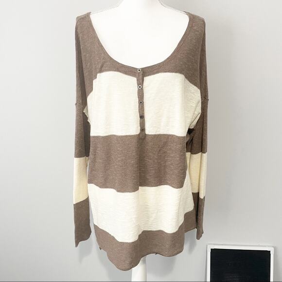 Free People beach gold rush Henley striped brown tunic  linen top medium - Picture 2 of 10